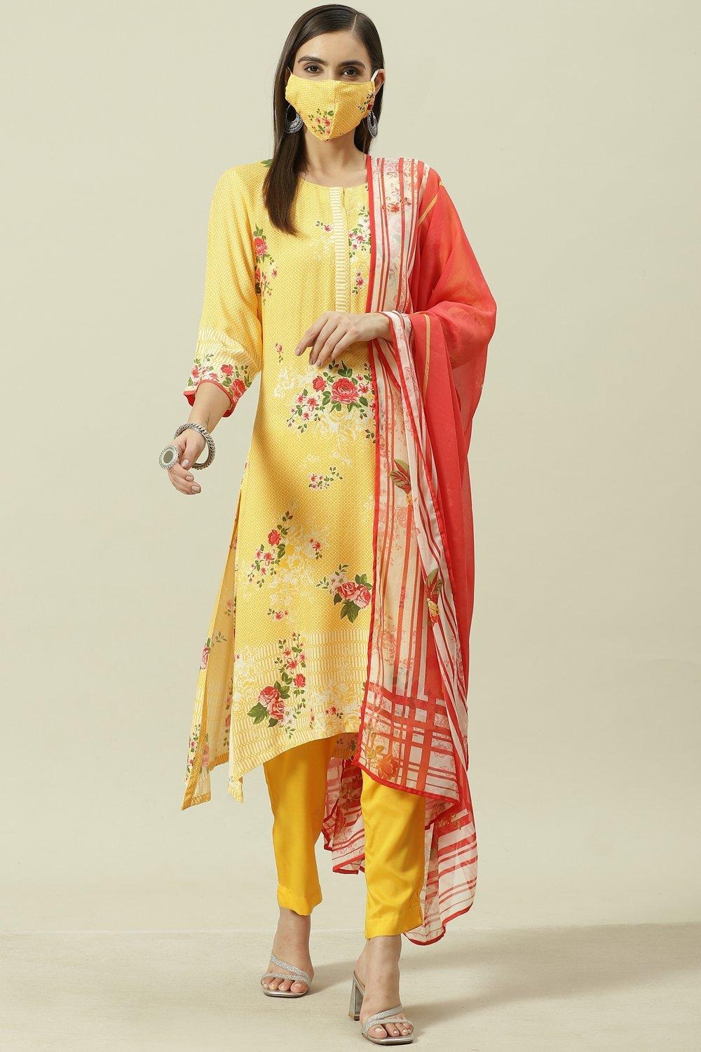 Yellow Printed Viscose A-Line Kurta Biba