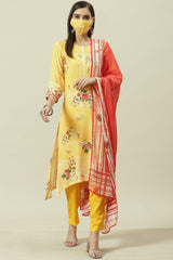 Yellow Printed Viscose A-Line Kurta Biba
