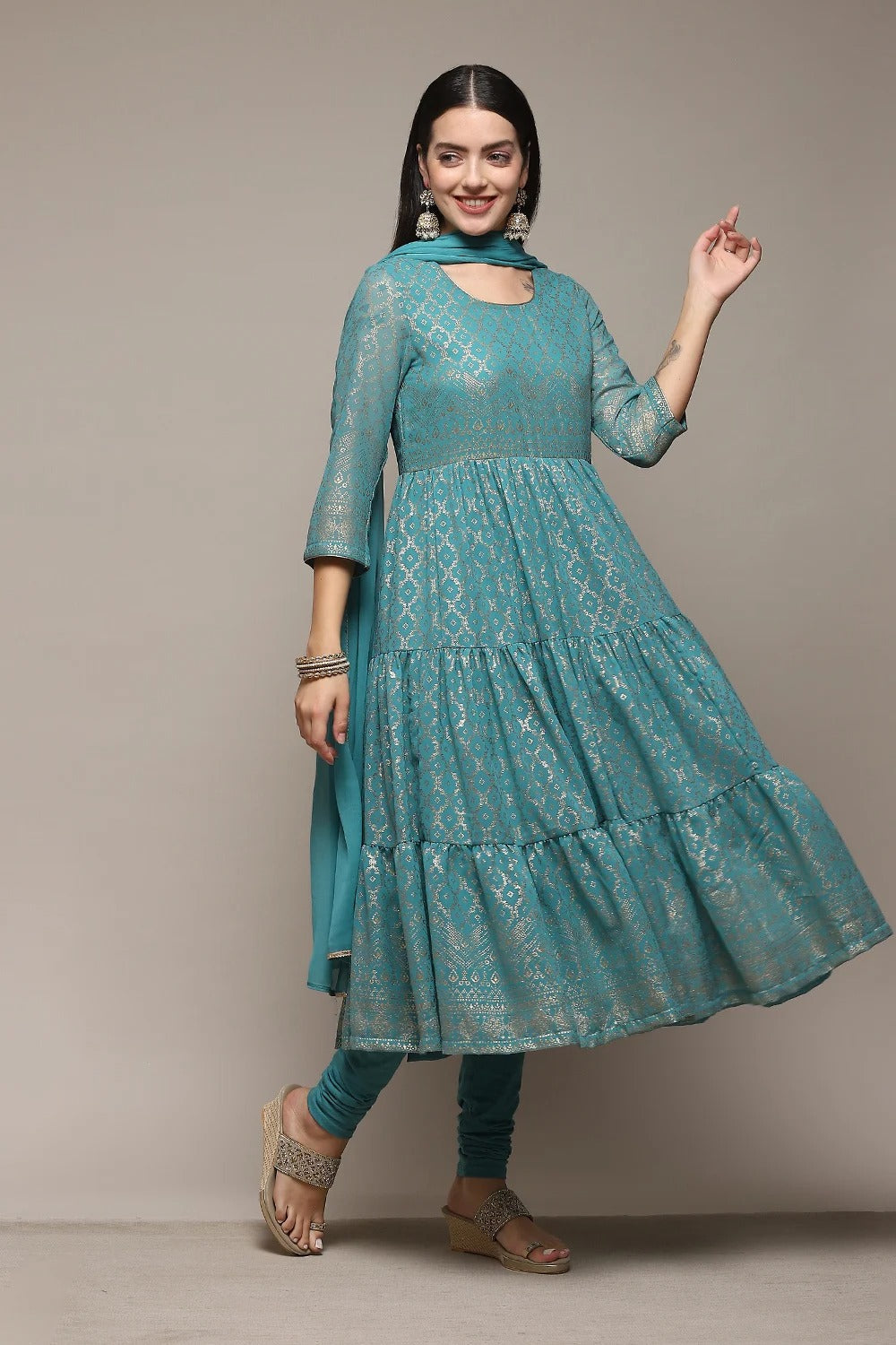 Sea Green Printed Anarkali Kurta Churidar Suit Set Biba