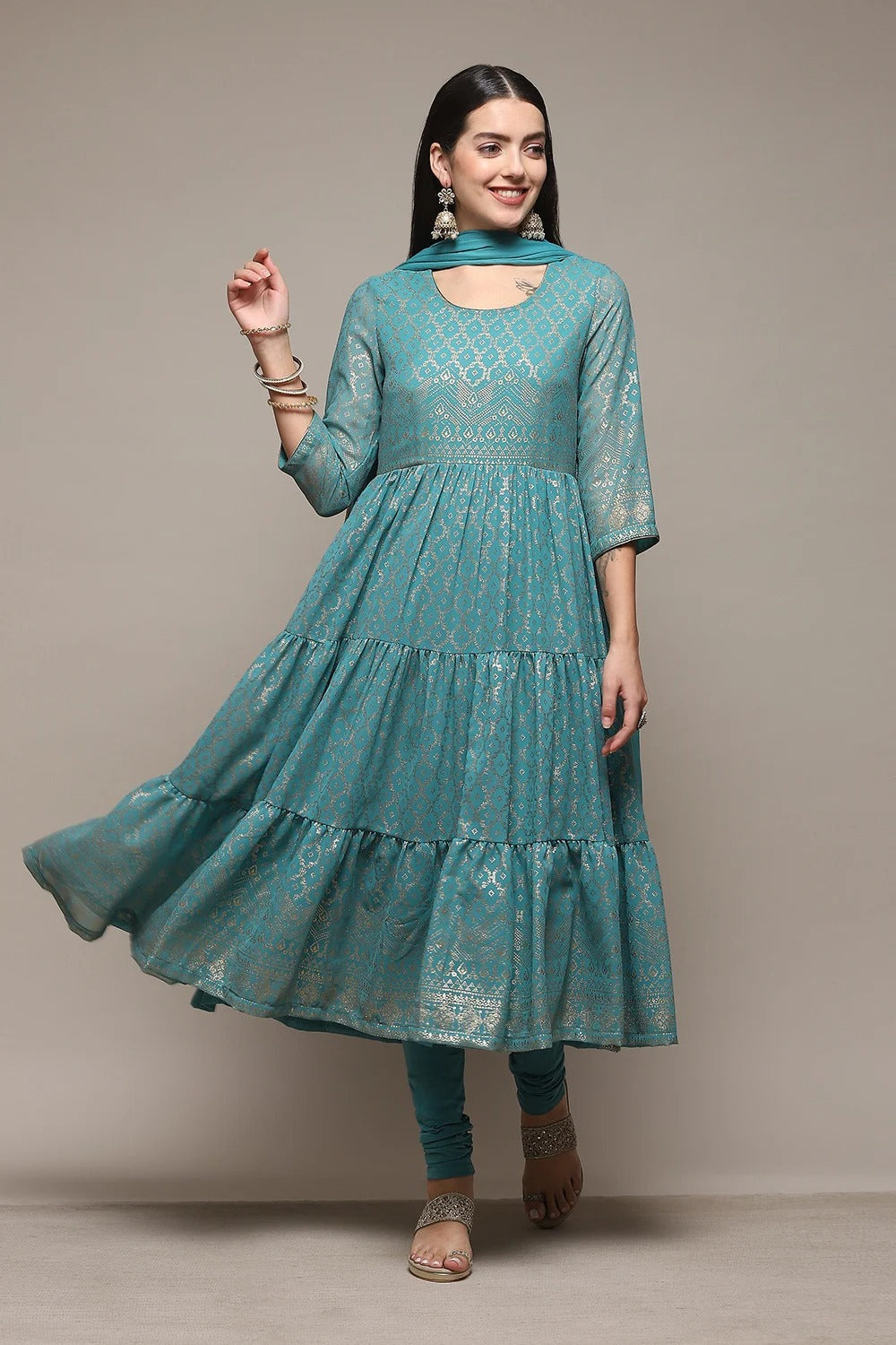 Sea Green Printed Anarkali Kurta Churidar Suit Set Biba