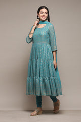 Sea Green Printed Anarkali Kurta Churidar Suit Set Biba