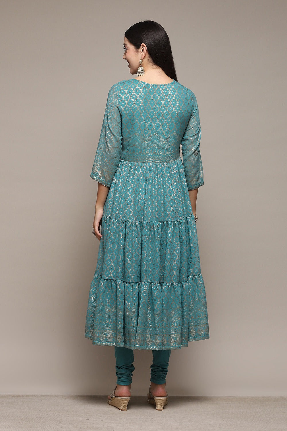 Sea Green Printed Anarkali Kurta Churidar Suit Set Biba
