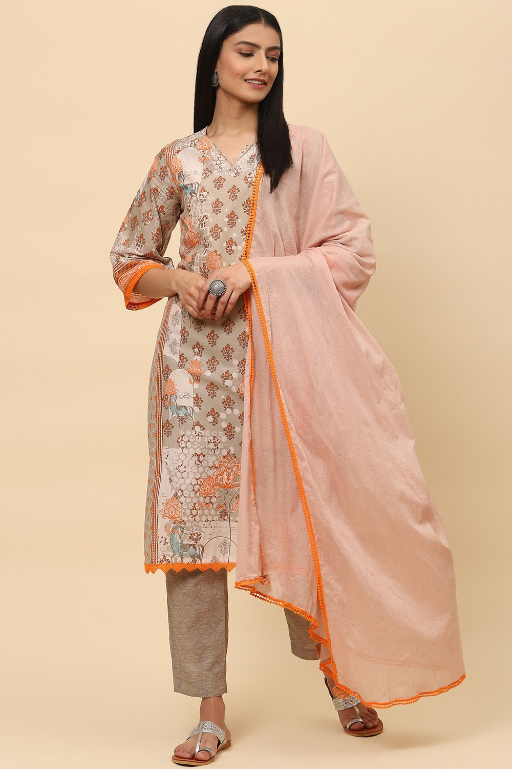 Grey Cotton Art Silk Kurta BIBA