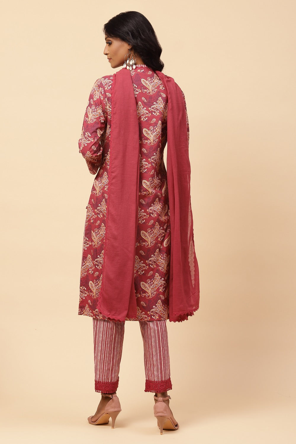 Berry Red Cotton Printed Kurta Biba