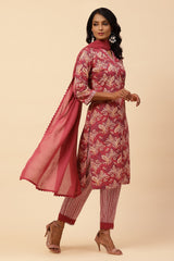 Berry Red Cotton Printed Kurta Biba