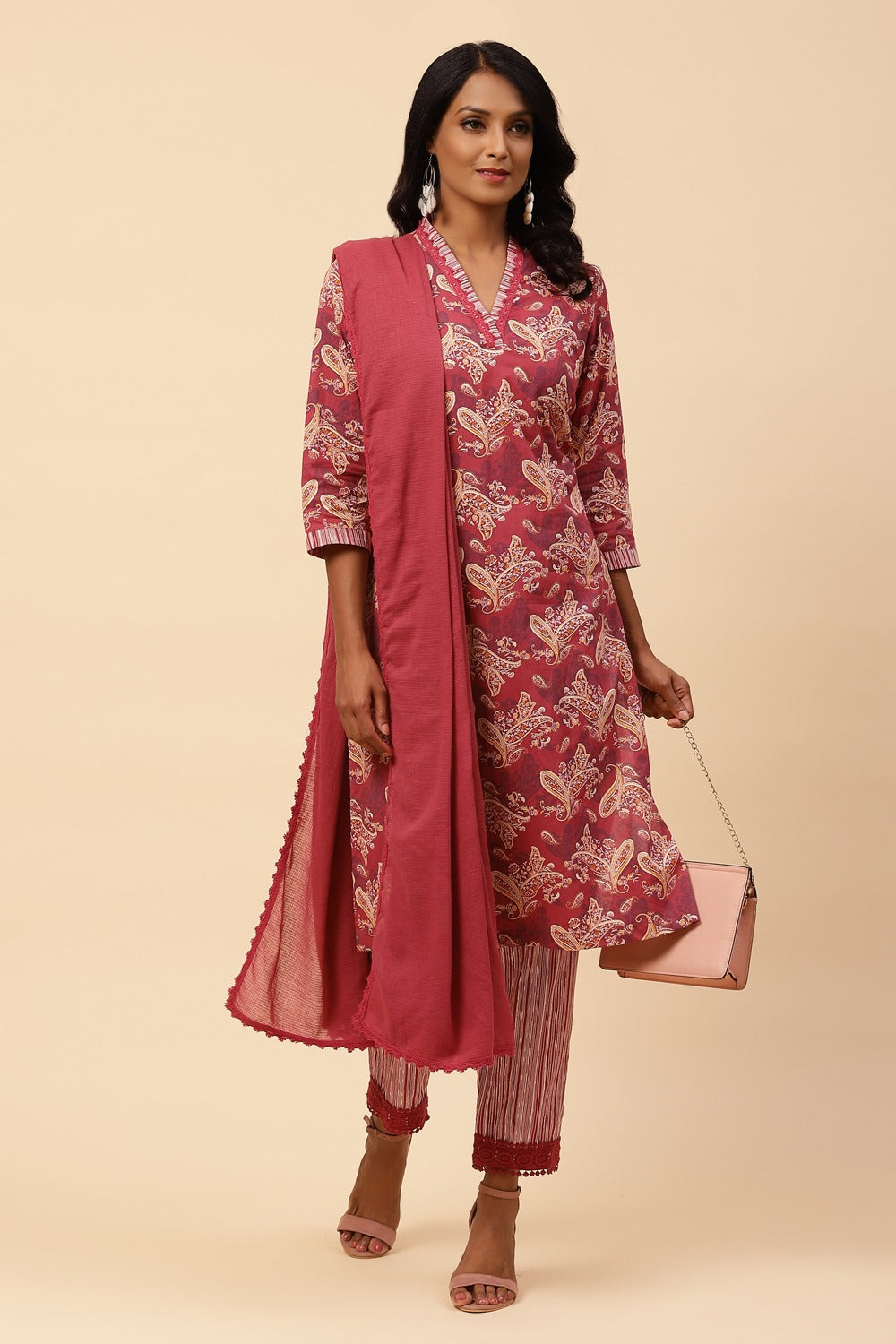 Berry Red Cotton Printed Kurta Biba