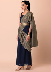 INDYA ASHISH N SONI Navy Foil Pleated Saree Gown – Size S and L