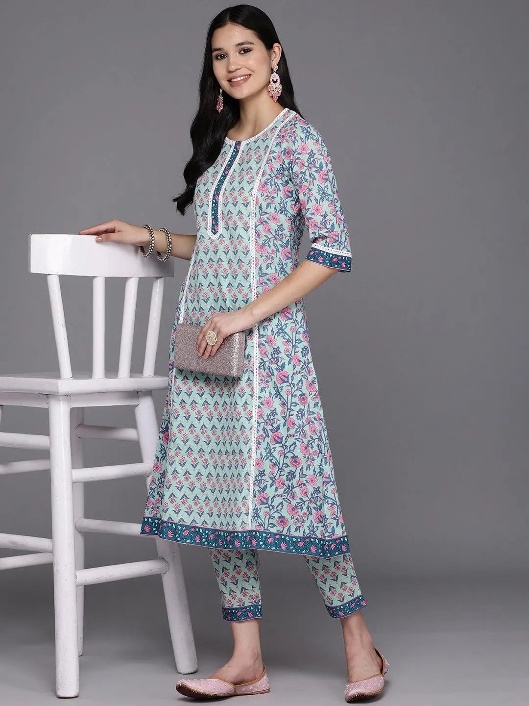 LIBAS Blue Printed Cotton A-Line Kurta for Women - L, Summer Kurta  