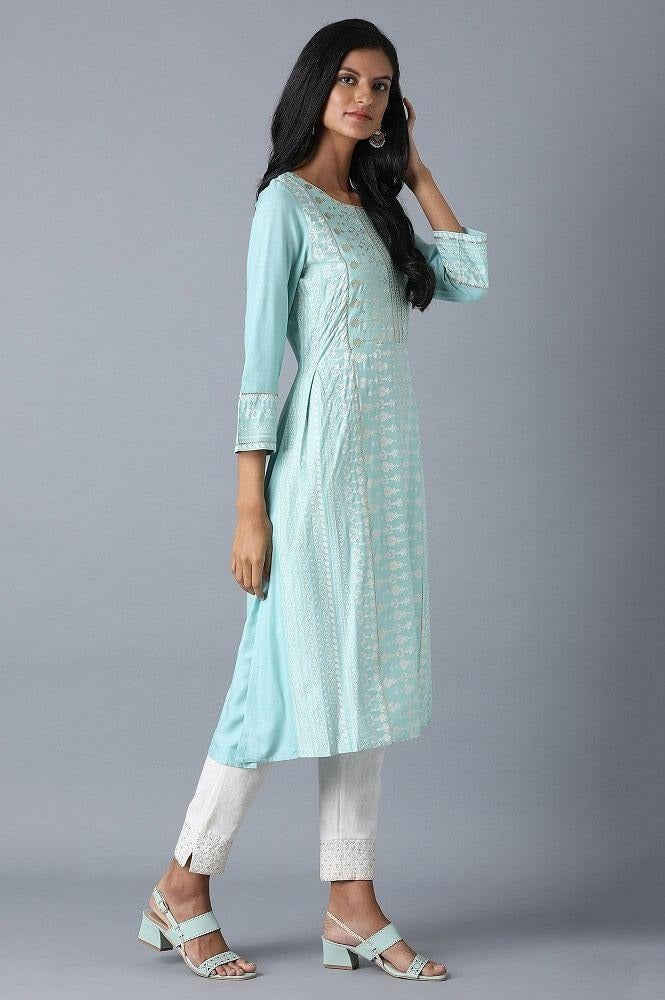 Woman Mint Blue A-Line Floral Kurta W for Woman