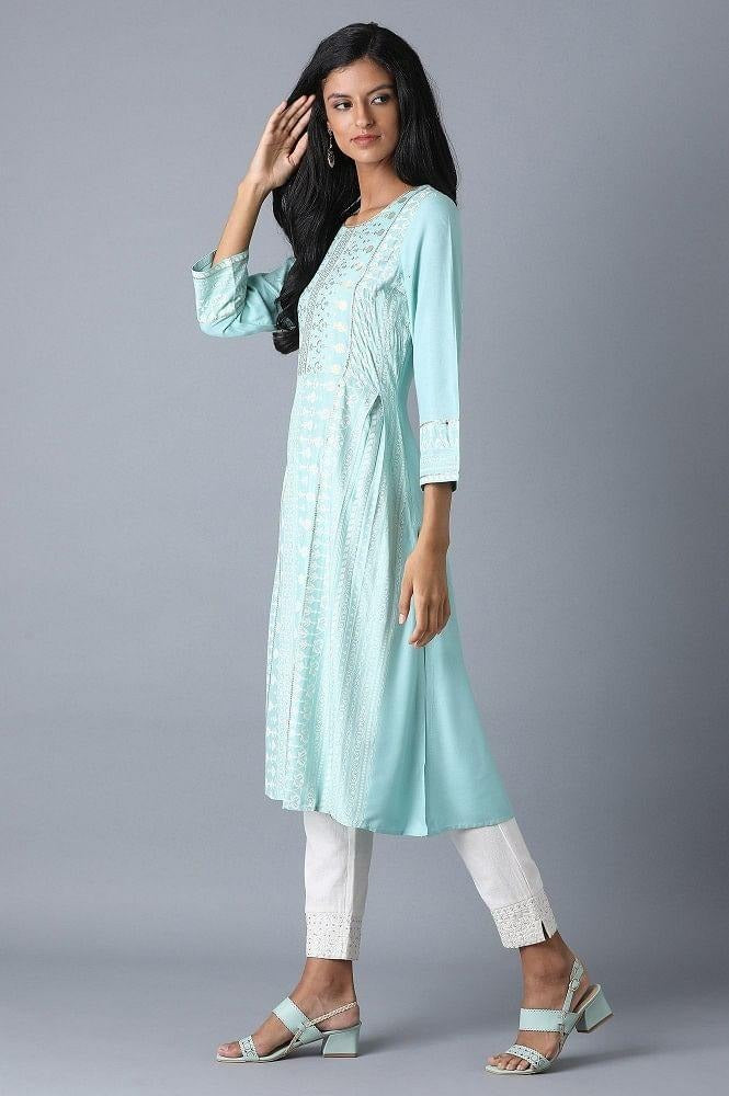 Woman Mint Blue A-Line Floral Kurta W for Woman