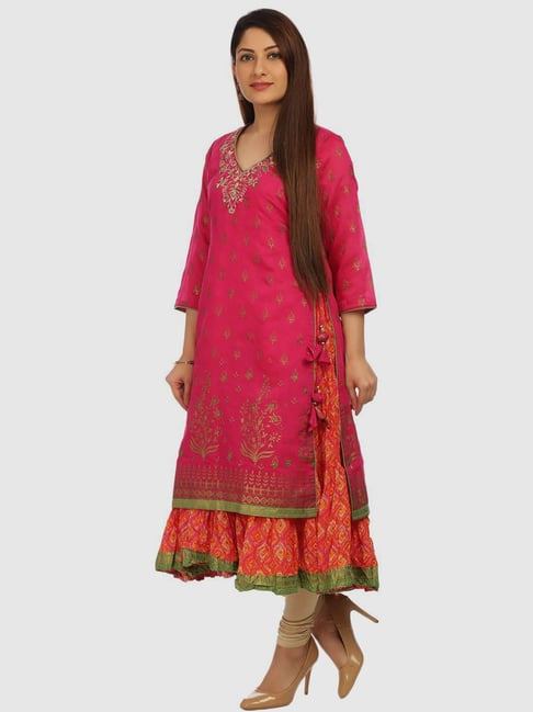 BIBA Orange & Pink Printed Anarkali Kurta, elegant flared design for festive occasions.