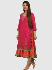 BIBA Orange & Pink Printed Anarkali Kurta, elegant flared design for festive occasions.