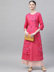 RANGRITI Pink & Blue Printed Layered A-Line Kurta - Stylish Women's Ethnic Wear - Size 38