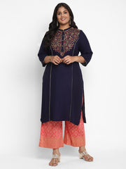 AURELIA Navy Blue & Gold-Toned Ethnic Motifs Kurta – Size S