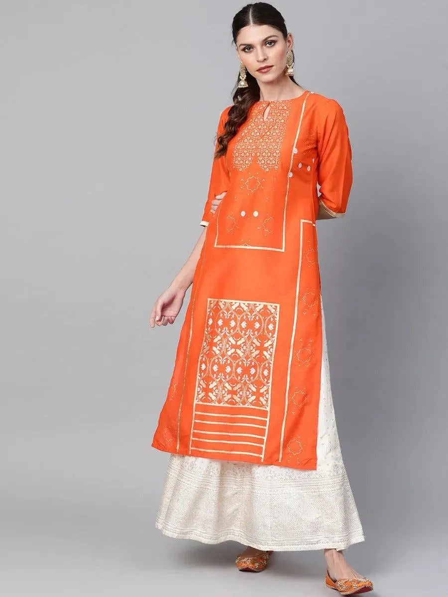 LIBAS Orange Printed Chanderi Kurta – Size M