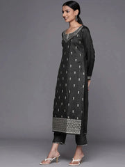 LIBAS Grey Embroidered Silk Blend Straight Kurta – Size M – No Pants and No Dupatta