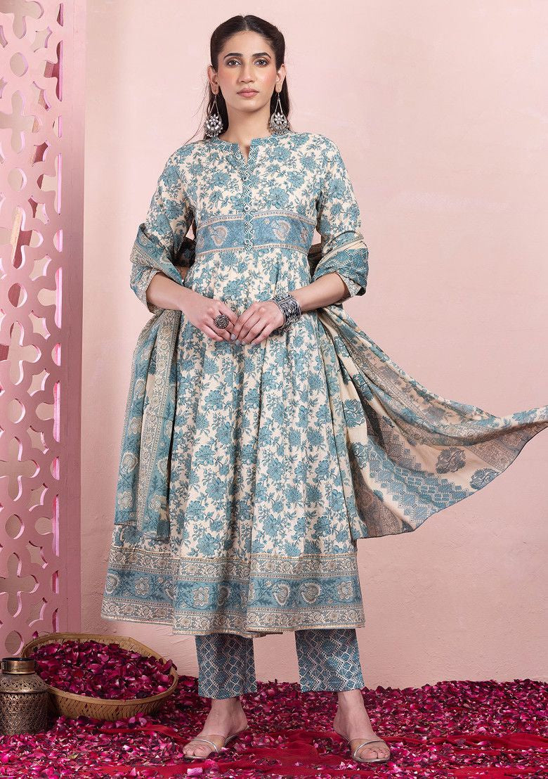INDYA Beige & Teal Floral Print Cotton Kurta with Pants, no dupatta, a modern ethnic fusion set.