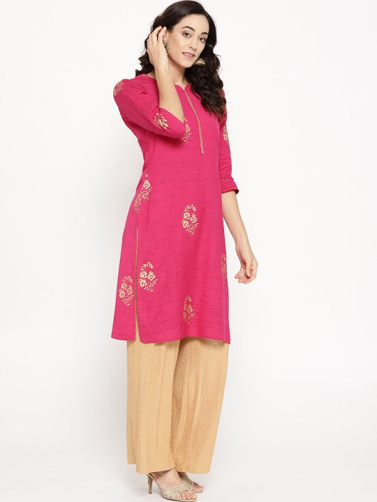 RANGRITI Pink & Golden Printed Kurta - Size 32