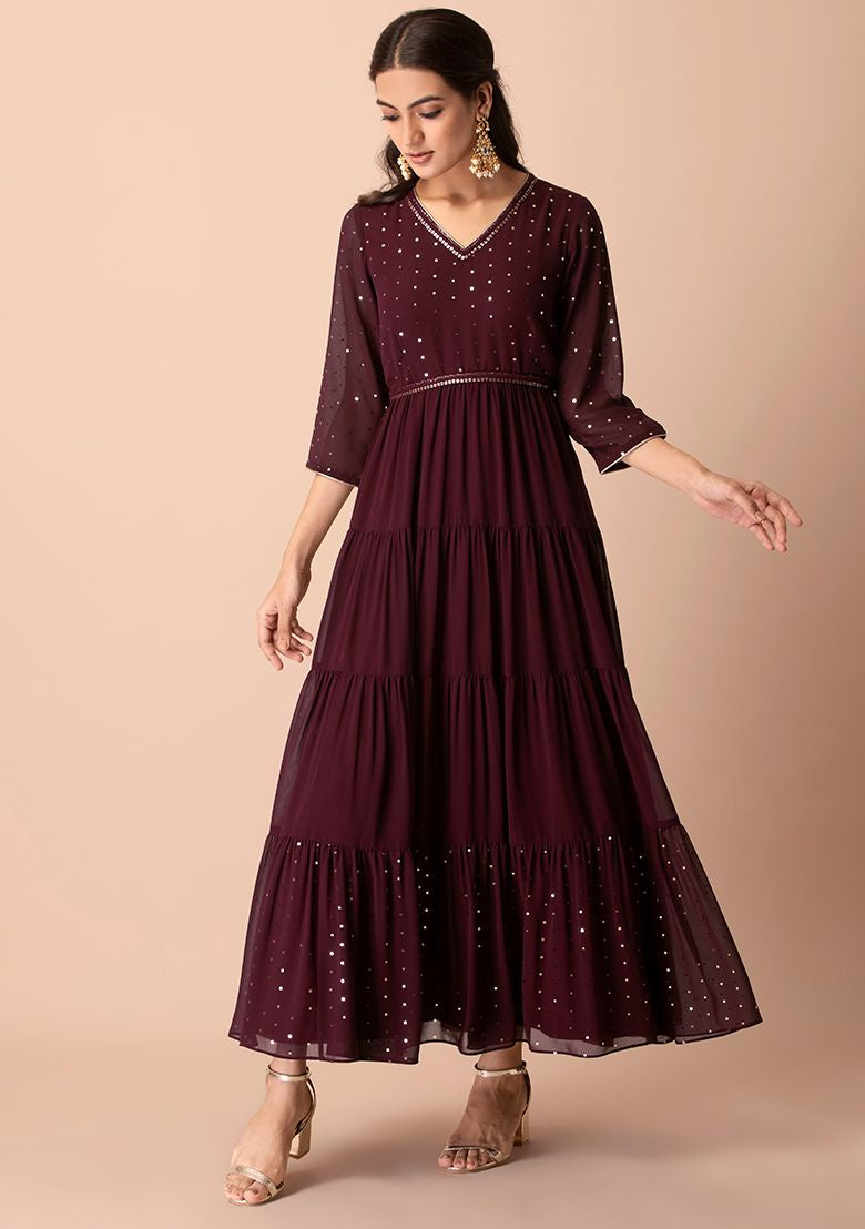 INDYA Burgundy Polka Foil Tiered Maxi Kurta – Size XS