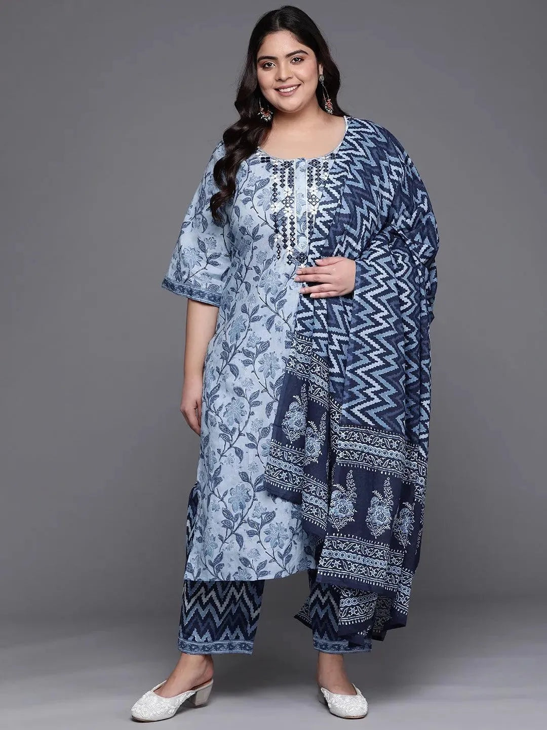 LIBAS Blue Printed Cotton Straight Kurta – Size M-6XL – No Pants and No Dupatta