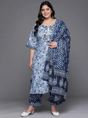 LIBAS Blue Printed Cotton Straight Kurta – Size M-6XL – No Pants and No Dupatta
