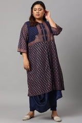W Plus Size Blue Printed A-Line Cowl Kurta With Tights
