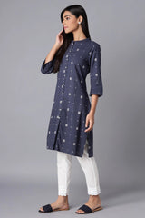 W for Woman Navy Blue Printed Button-Down Kurta W for Women's