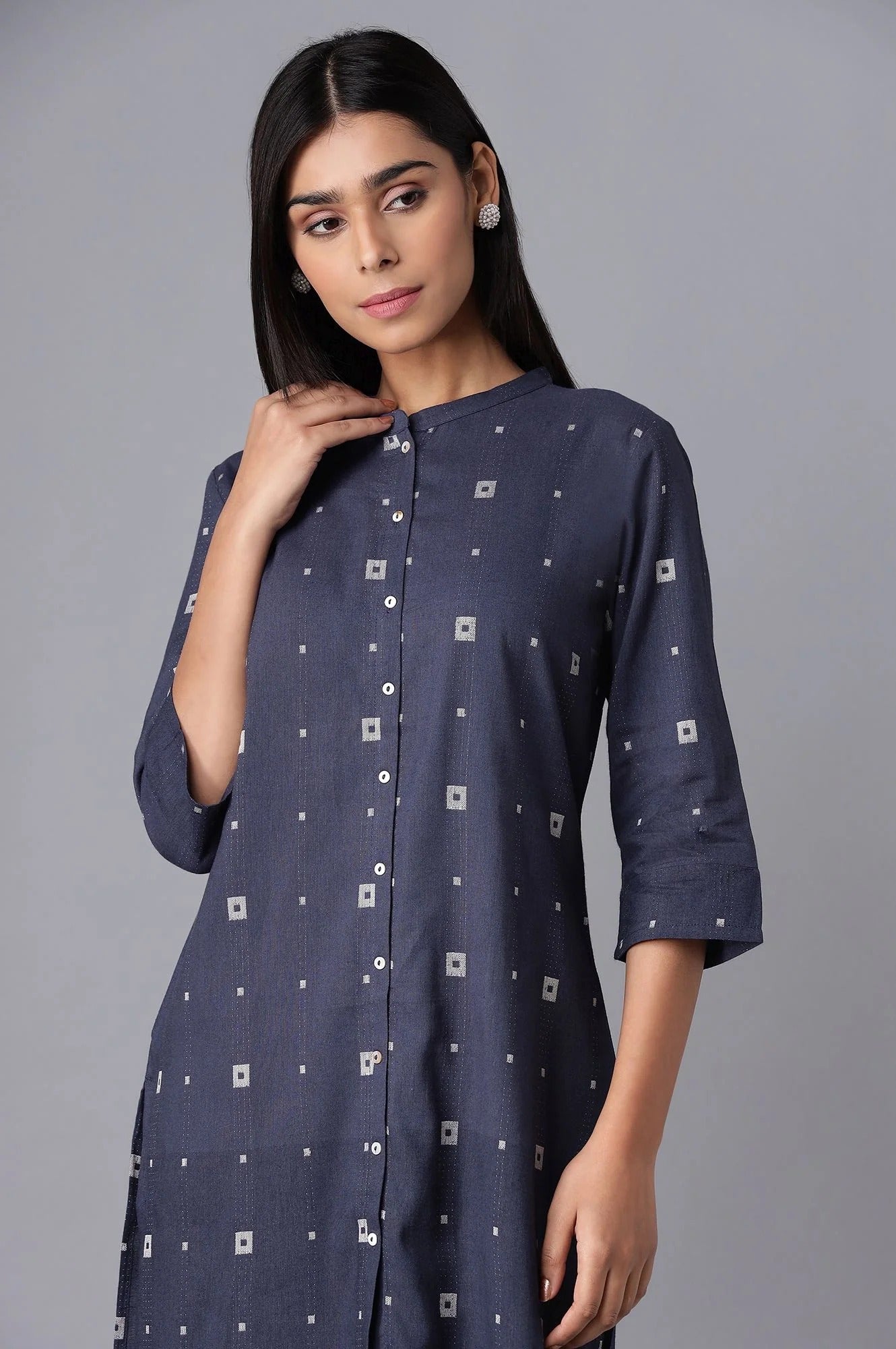 W for Woman Navy Blue Printed Button-Down Kurta W for Women's