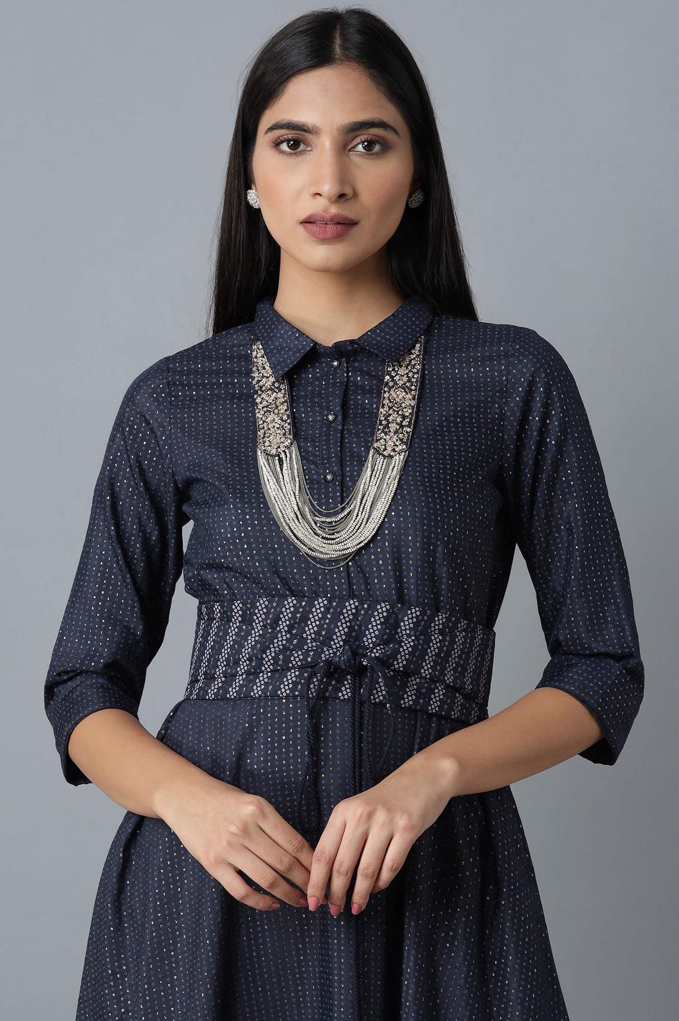 W for Woman Dark Blue Polka Print Dress W for Women's