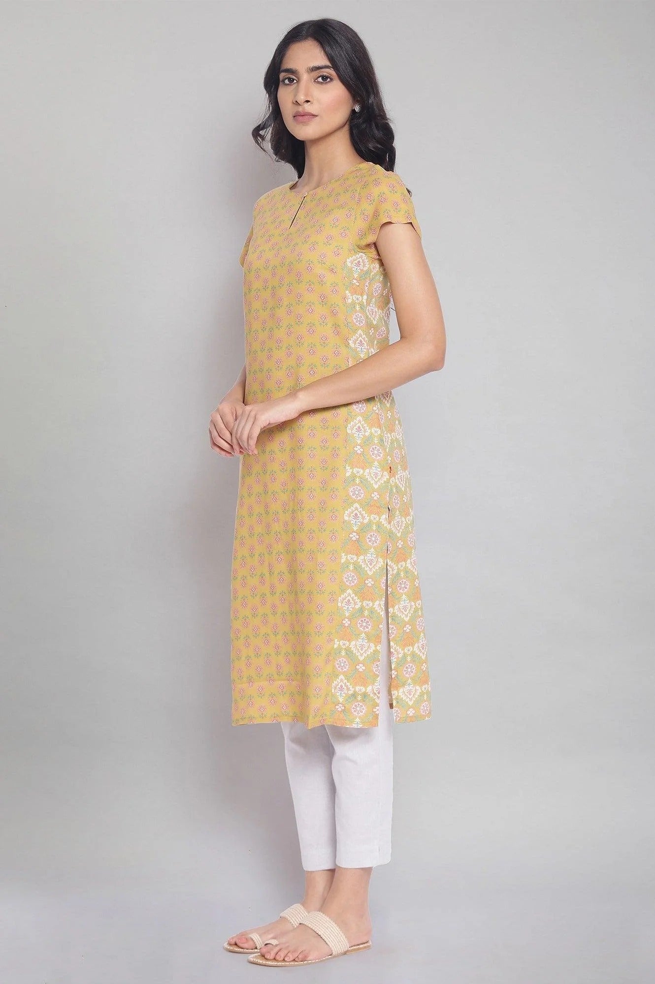 W for Woman Dark Yellow Floral Print Straight Kurta W for Women's
