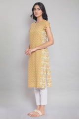 W for Woman Dark Yellow Floral Print Straight Kurta W for Women's