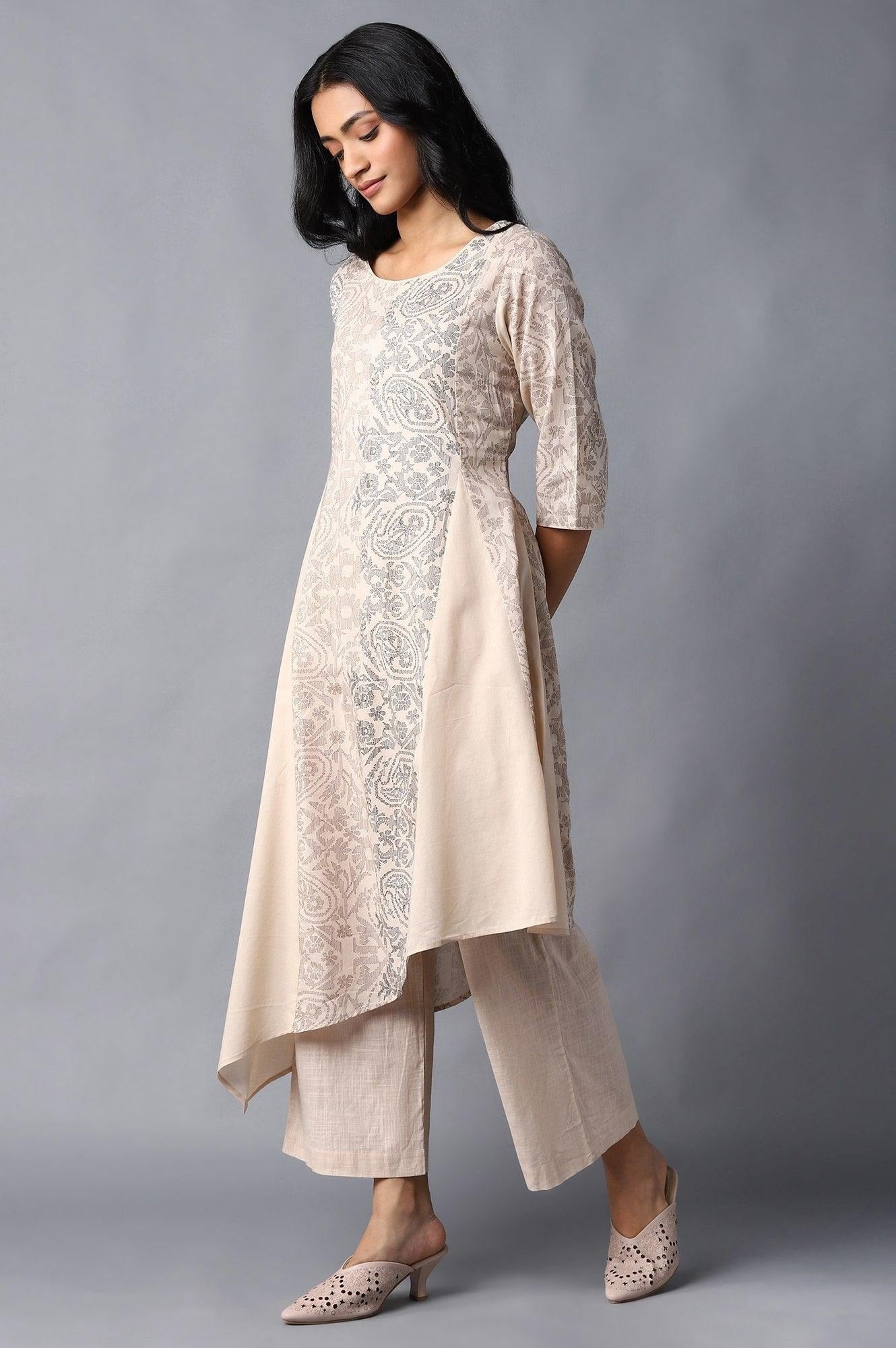 W for Woman Beige Colour Blocked Asymmetric Kurta W for Women's