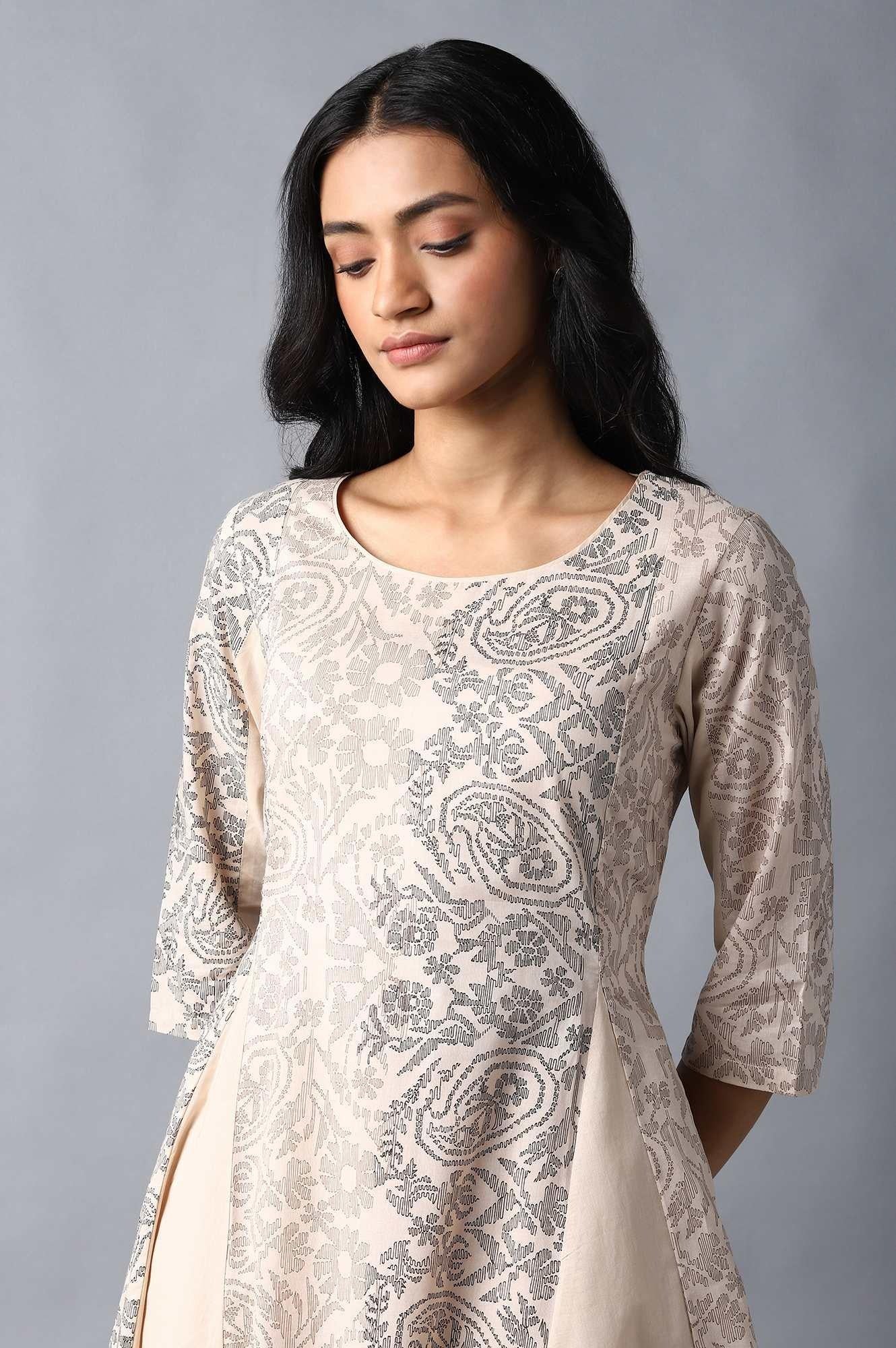 W for Woman Beige Colour Blocked Asymmetric Kurta W for Women's