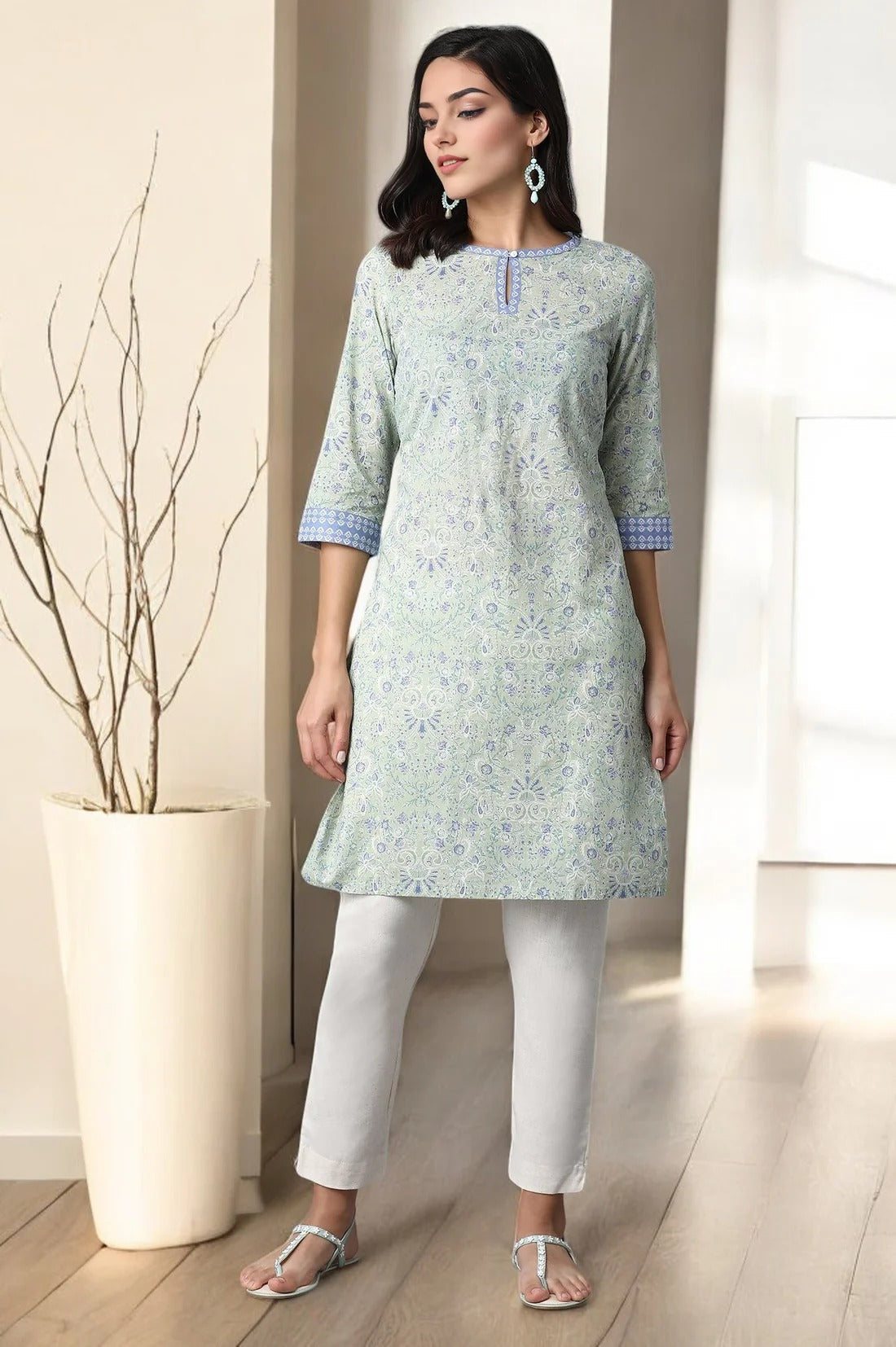W for Woman Green Floral Printed Cotton Kurta W for Women's