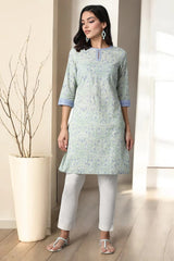 W for Woman Green Floral Printed Cotton Kurta W for Women's