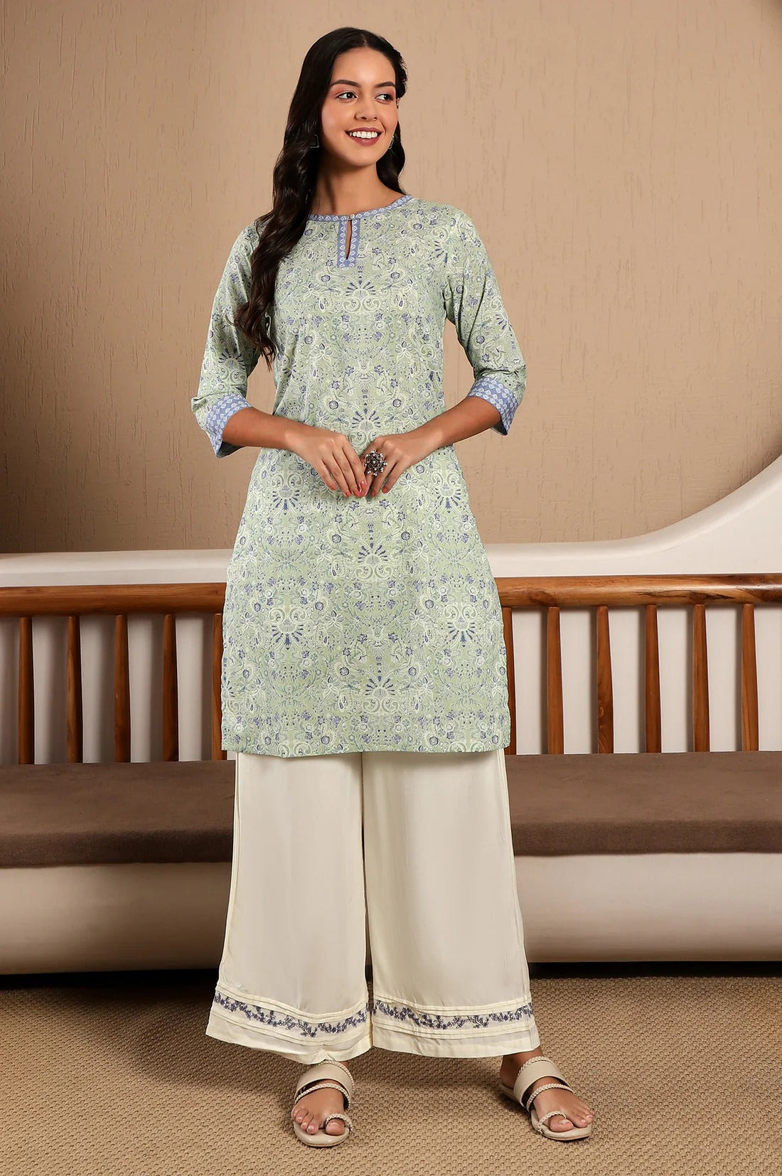 W for Woman Green Floral Printed Cotton Kurta W for Women's