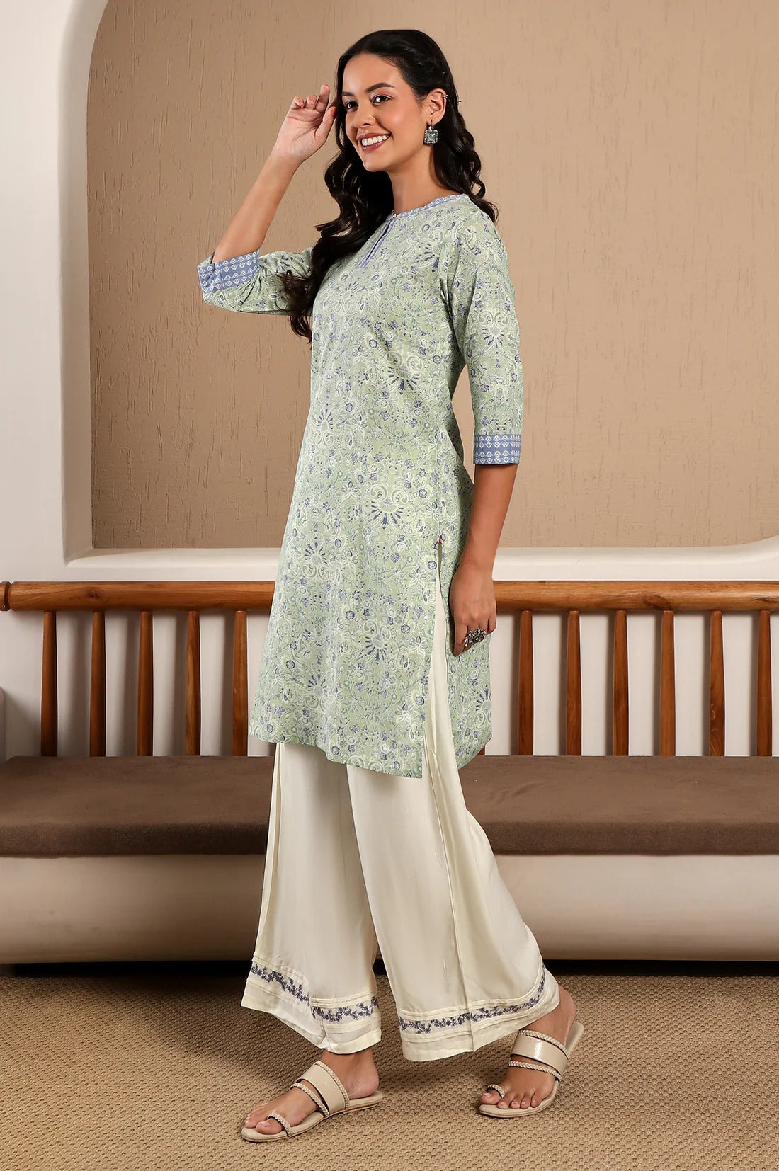 W for Woman Green Floral Printed Cotton Kurta W for Women's