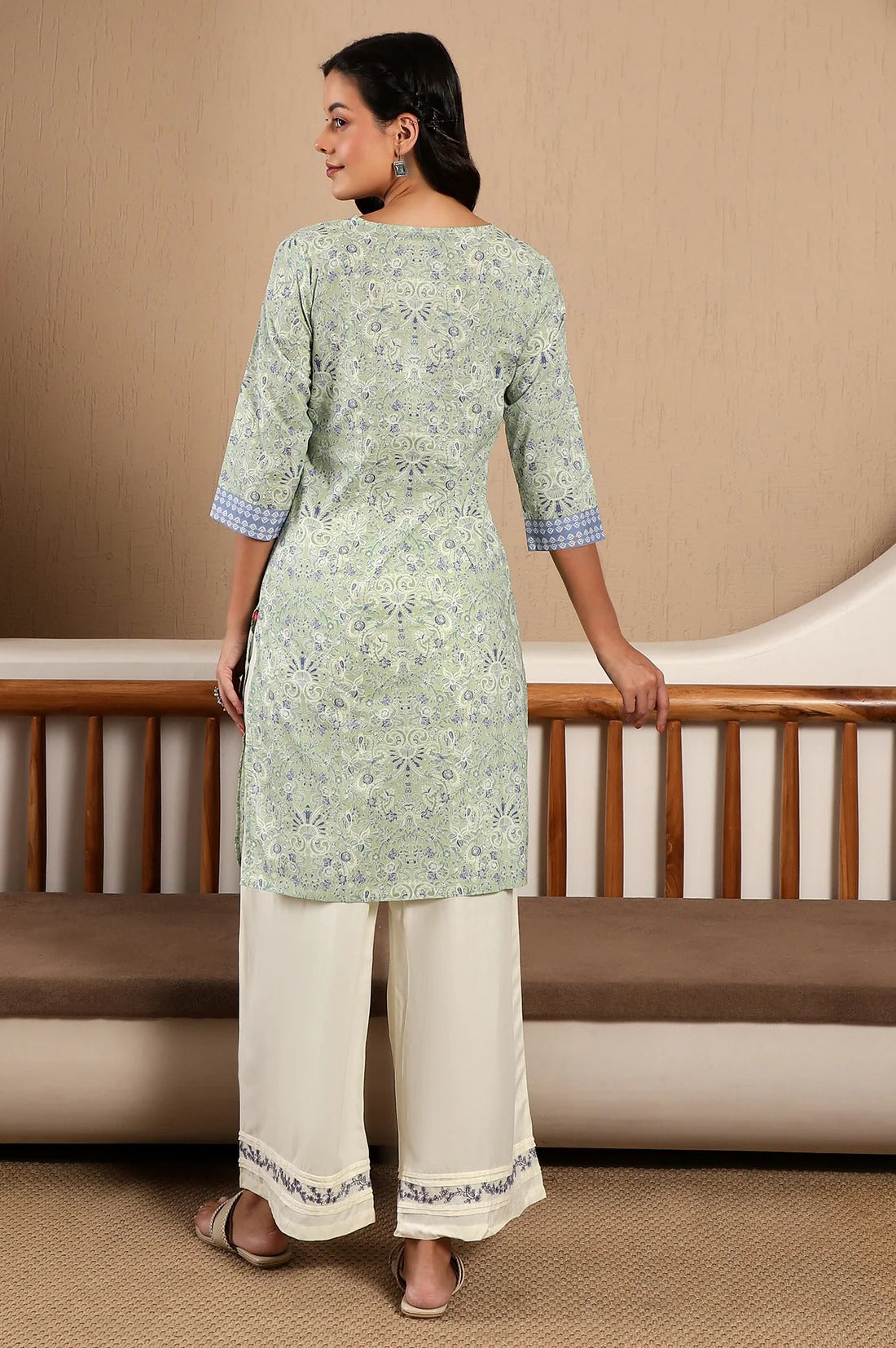 W for Woman Green Floral Printed Cotton Kurta W for Women's