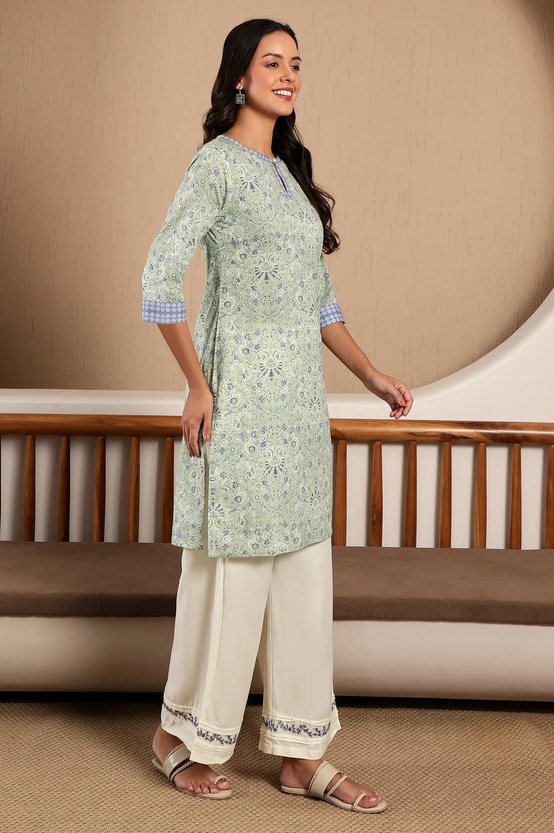 W for Woman Green Floral Printed Cotton Kurta W for Women's