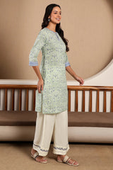 W for Woman Green Floral Printed Cotton Kurta W for Women's