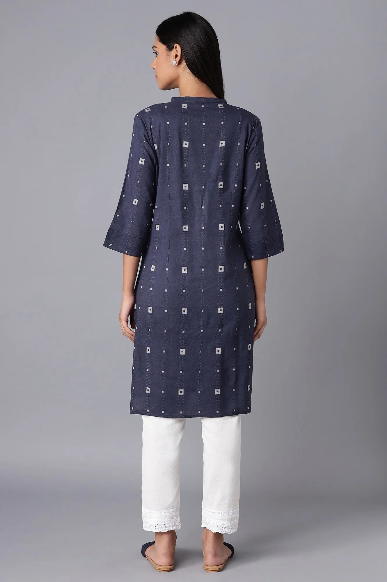 W for Woman Navy Blue Printed Button-Down Kurta W for Women's