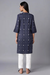W for Woman Navy Blue Printed Button-Down Kurta W for Women's