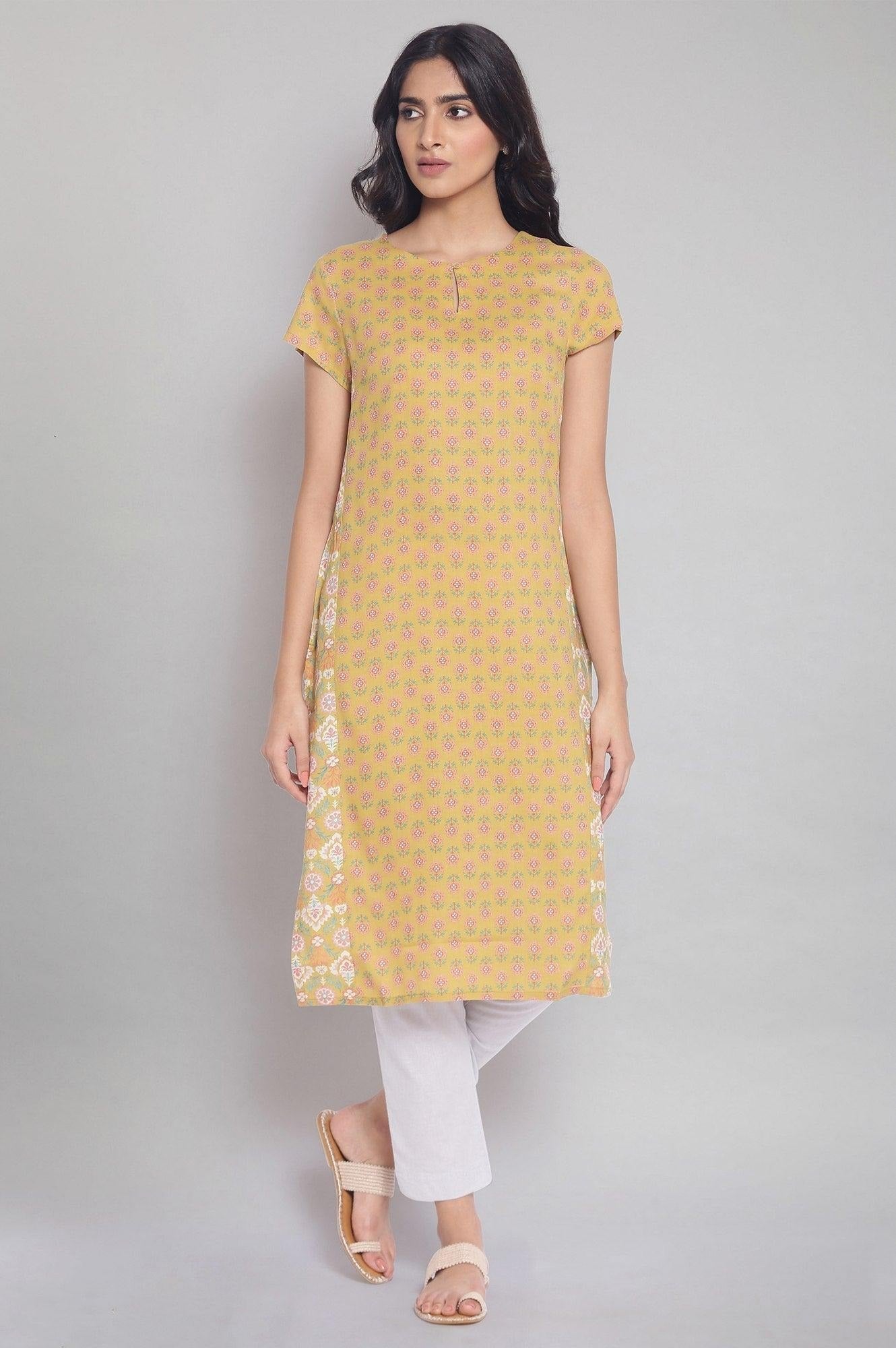 W for Woman Dark Yellow Floral Print Straight Kurta W for Women's