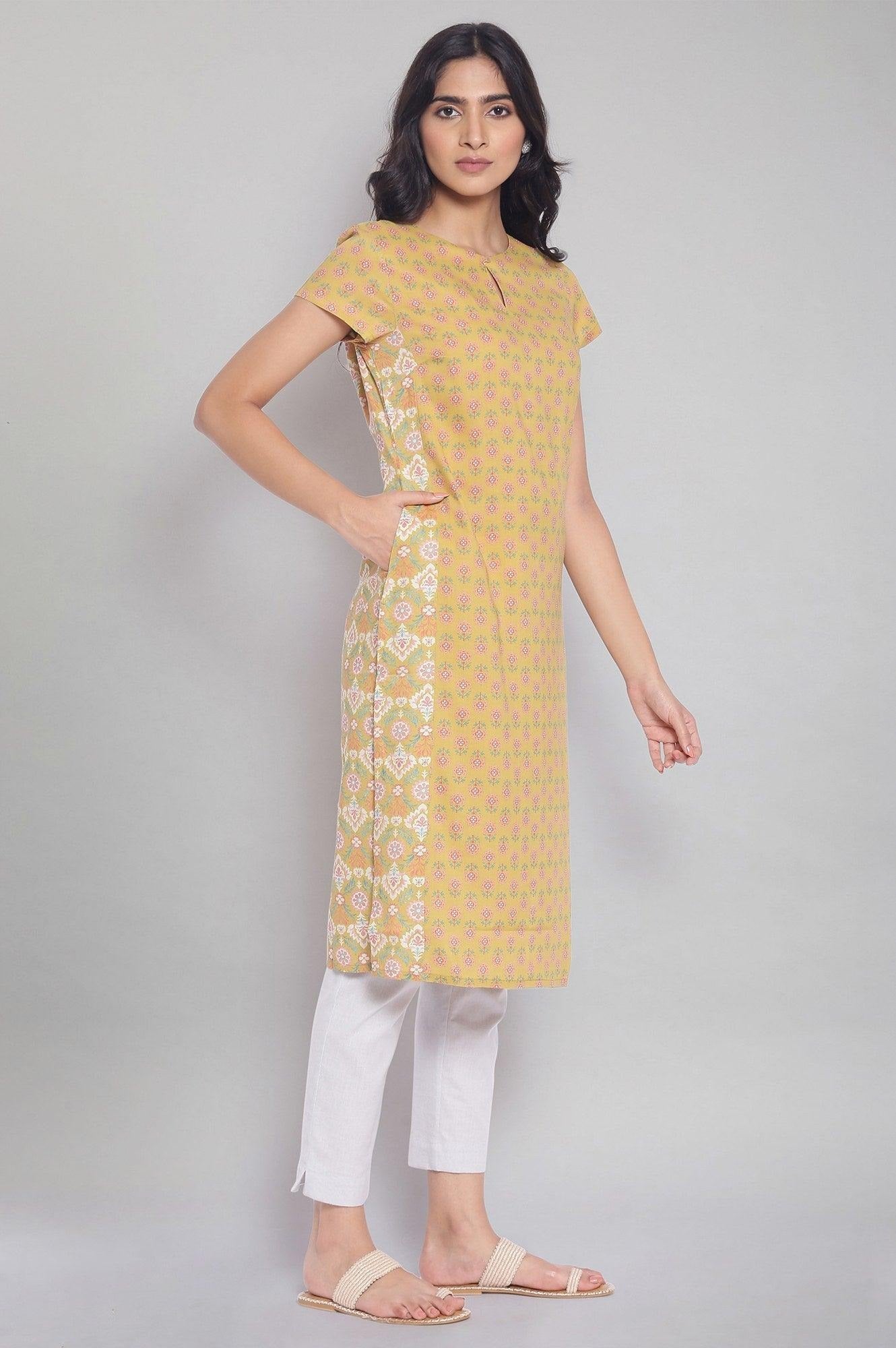 W for Woman Dark Yellow Floral Print Straight Kurta W for Women's