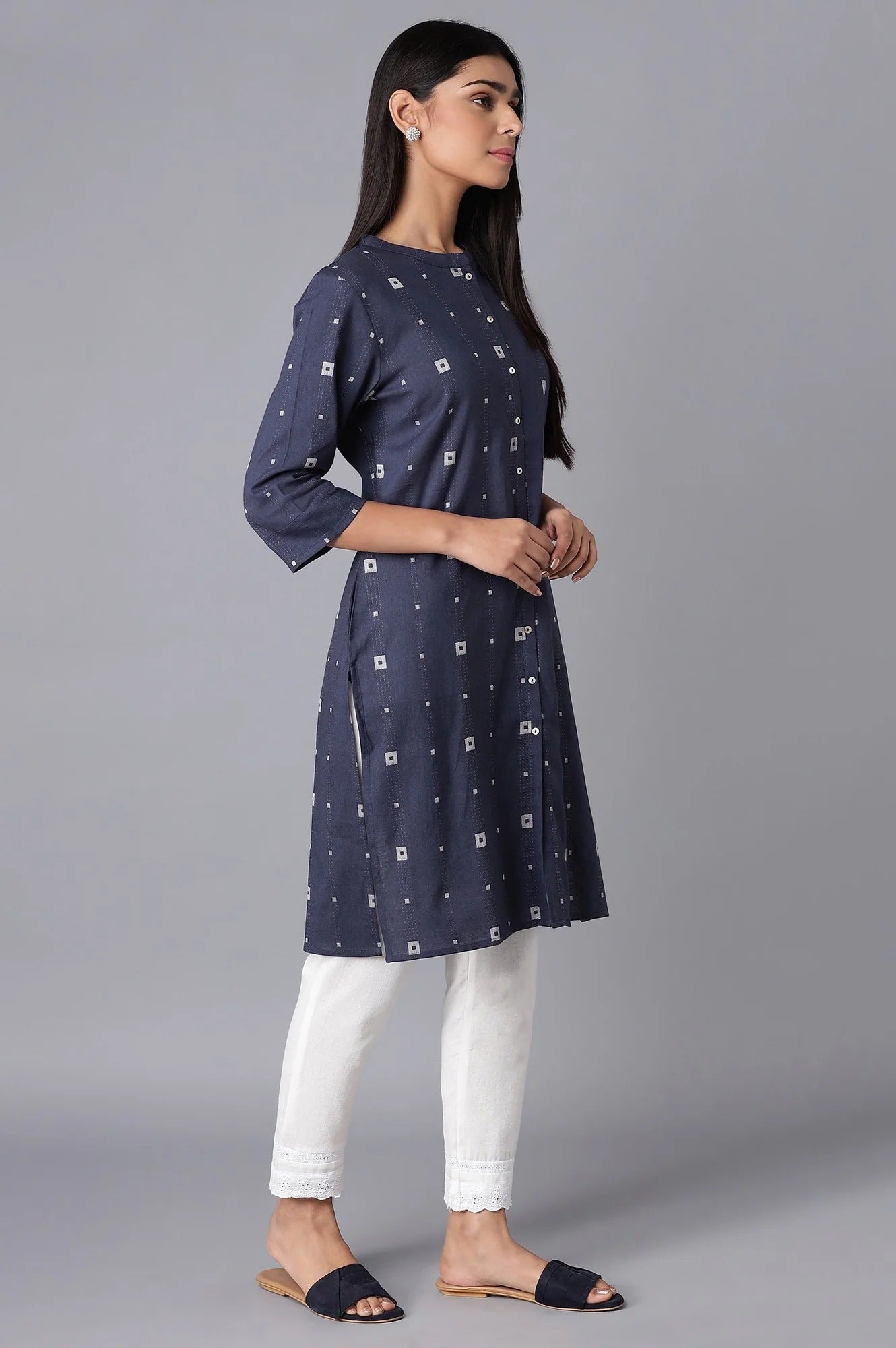 W for Woman Navy Blue Printed Button-Down Kurta W for Women's