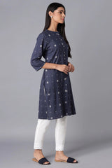 W for Woman Navy Blue Printed Button-Down Kurta W for Women's