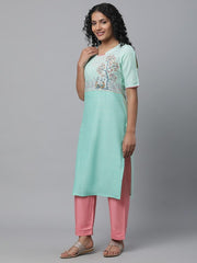 AURELIA Ethnic Motifs Printed Pure Cotton Kurta in Sea Green, lightweight and breathable.