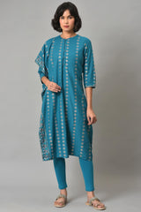 W Teal Blue Saree Style Kurta With Tights