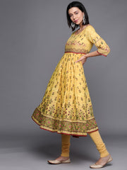 BIBA Yellow & Olive Green Ethnic Printed Cotton Kurta, no trousers & no dupatta, breathable fabric.