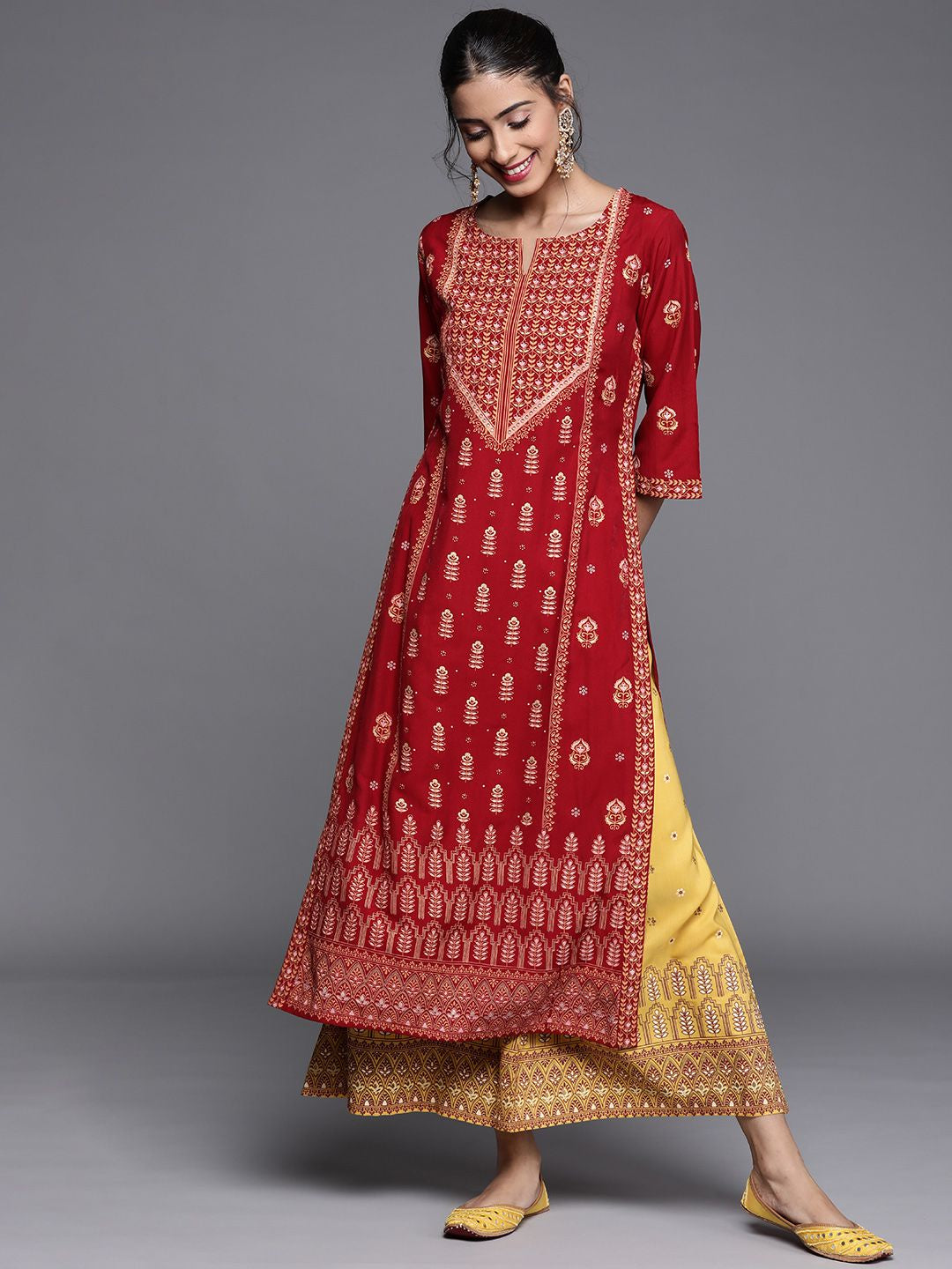 LIBAS Women Maroon & Gold Ethnic Motifs Printed Chanderi Silk Kurta